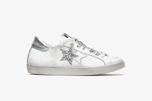 2STAR SNEAKERS ONE STAR PELLE BIANCA-DETTAGLI GLITTER ARGENTO