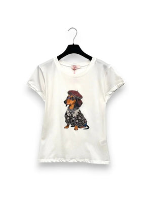 LOVEme T-shirt con stampa bassotto con cappello e strass
