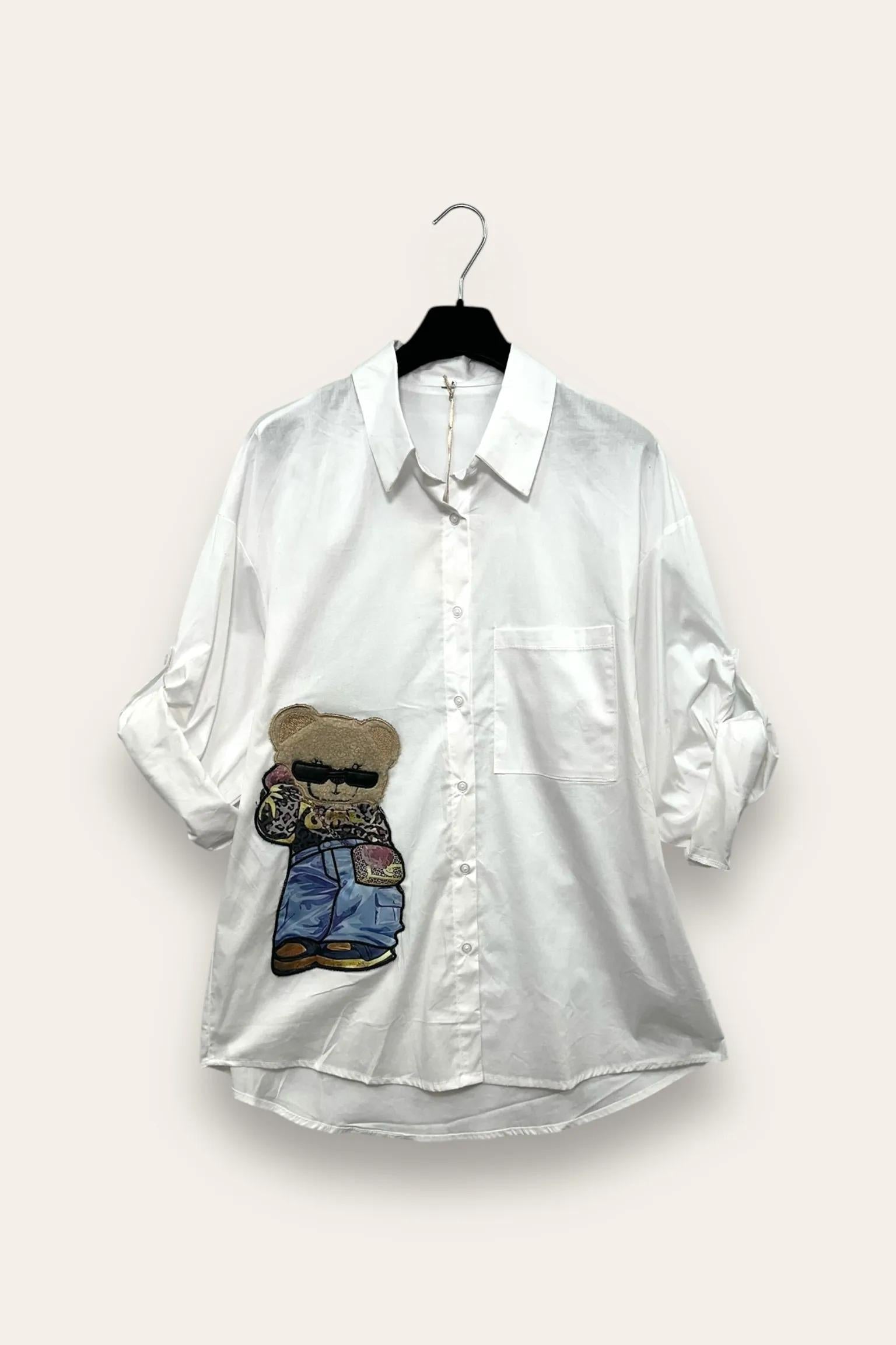 Camicia over con orso applicato OT-10741/Bianco LOVEme