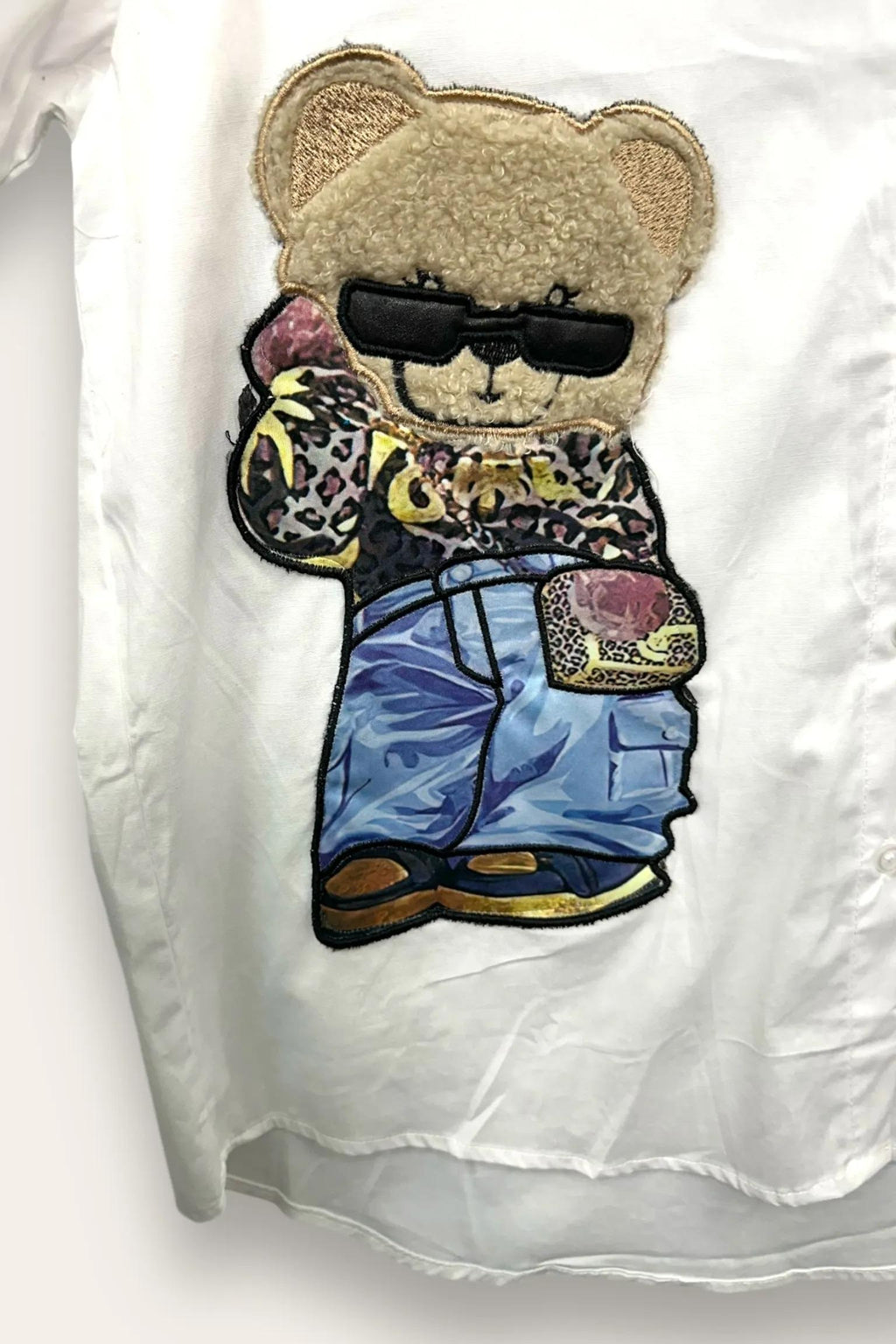 Camicia over con orso applicato OT-10741/Bianco LOVEme