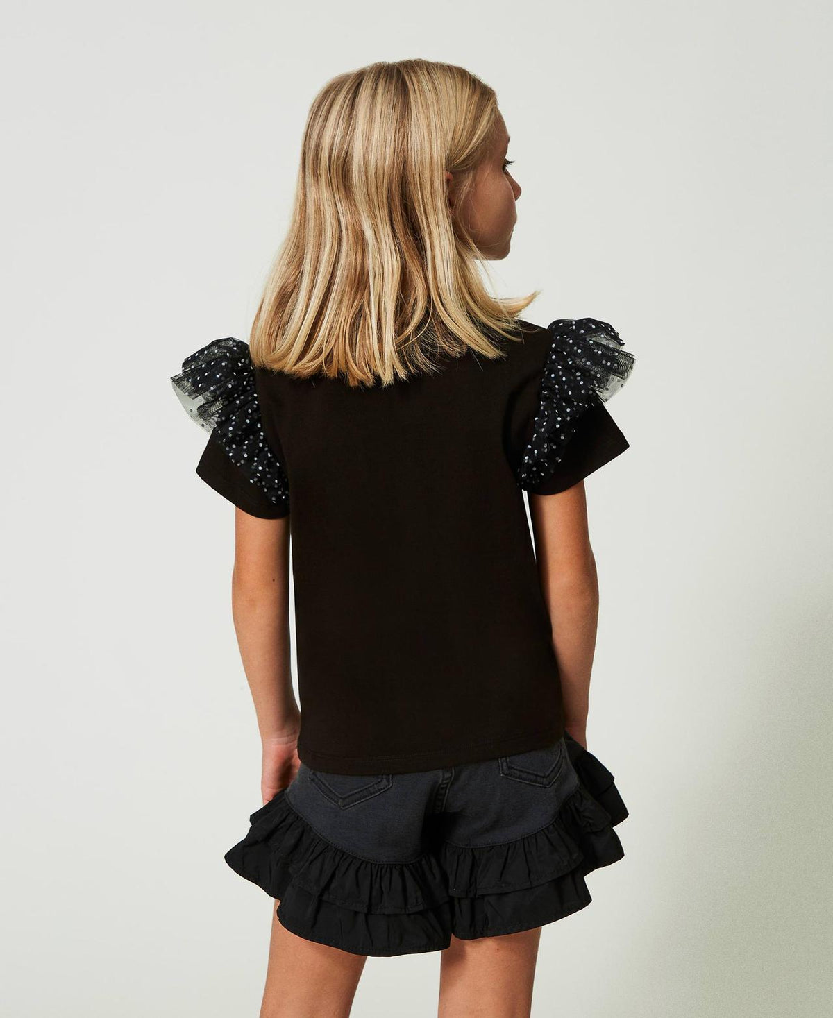 T-SHIRT CON ALETTE IN TULLE A POIS E STAMPA 