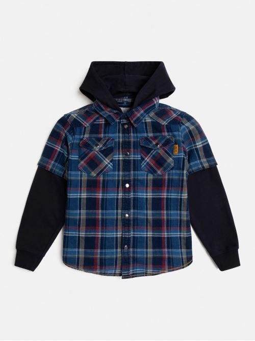 INDIGO CHECK HOODED LS SHIRT 