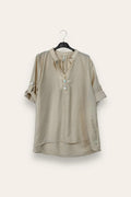 LOVEme Blusa scollo alla coreana con bottoni davanti, misto lino