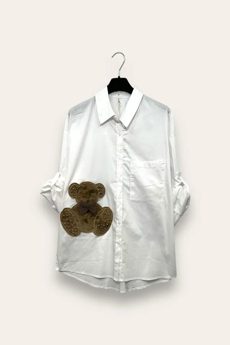 Camicia over con orso applicato e strass 
