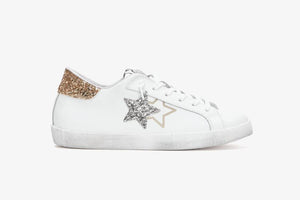2STAR SNEAKERS LOW PELLE BIANCA GLITTER SILVER-ORO