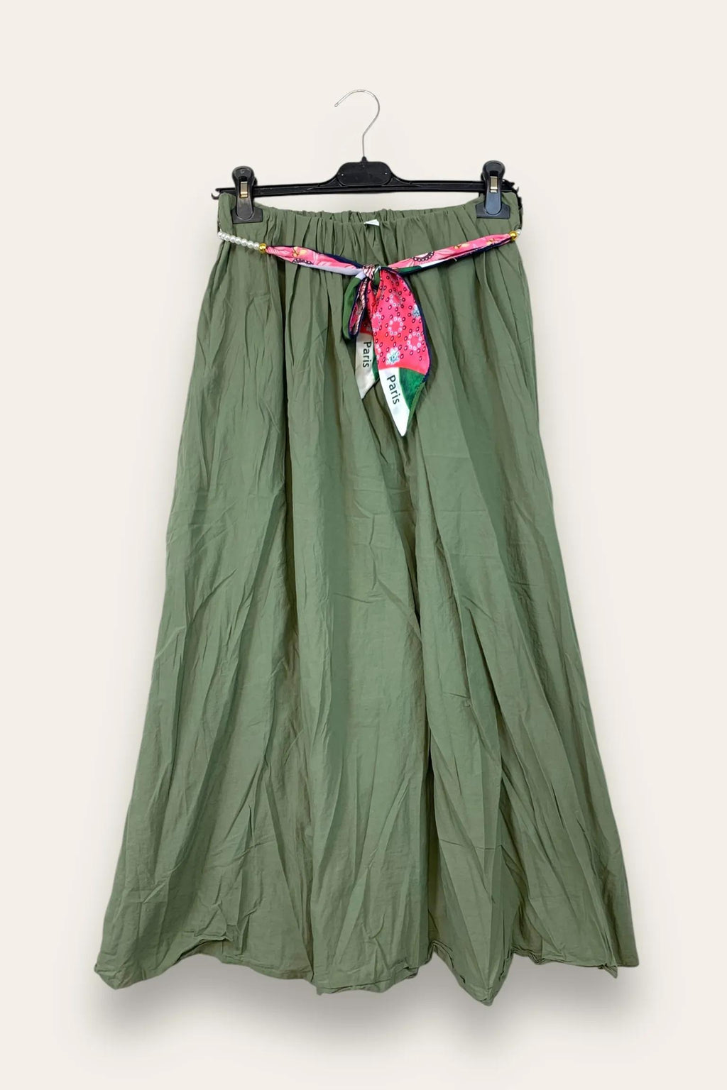 Gonna effetto stropicciato in mussola di cotone VA-12565/Verde Militare LOVEme