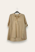 LOVEme Blusa scollo alla coreana con bottoni davanti, misto lino