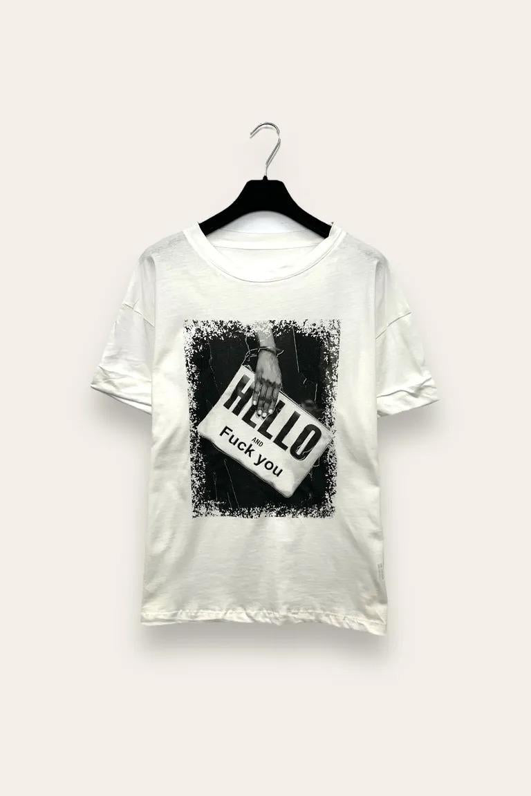 T-shirt con scritta " hello and fu** you" VB-10771/Bianco LOVEme