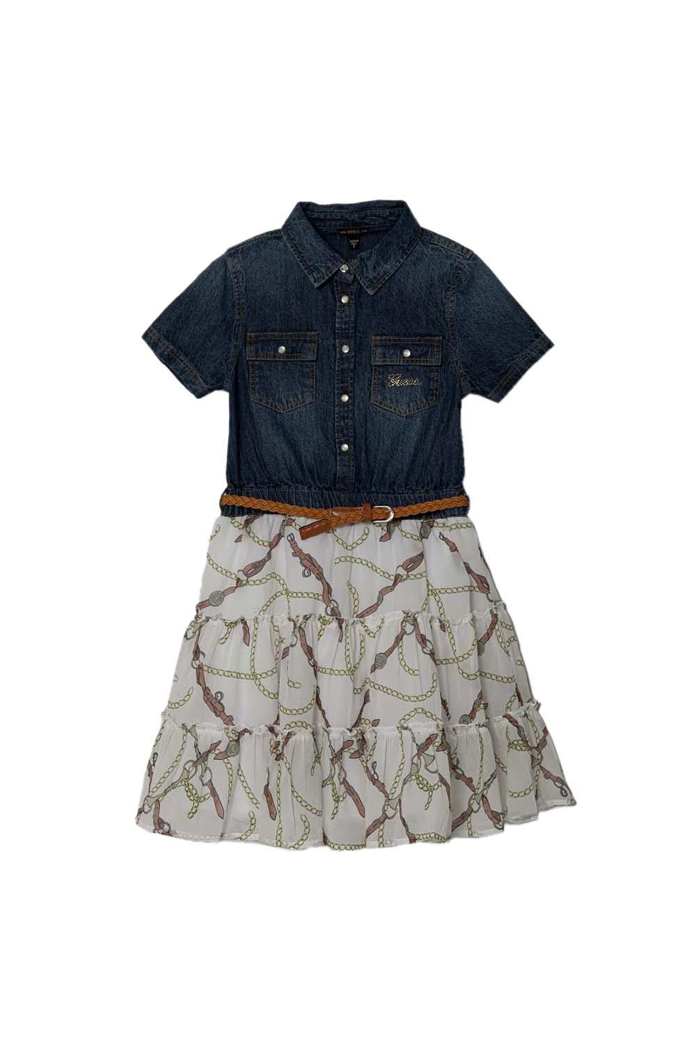 MIXED FABRIC SS DRESS W/BELT 