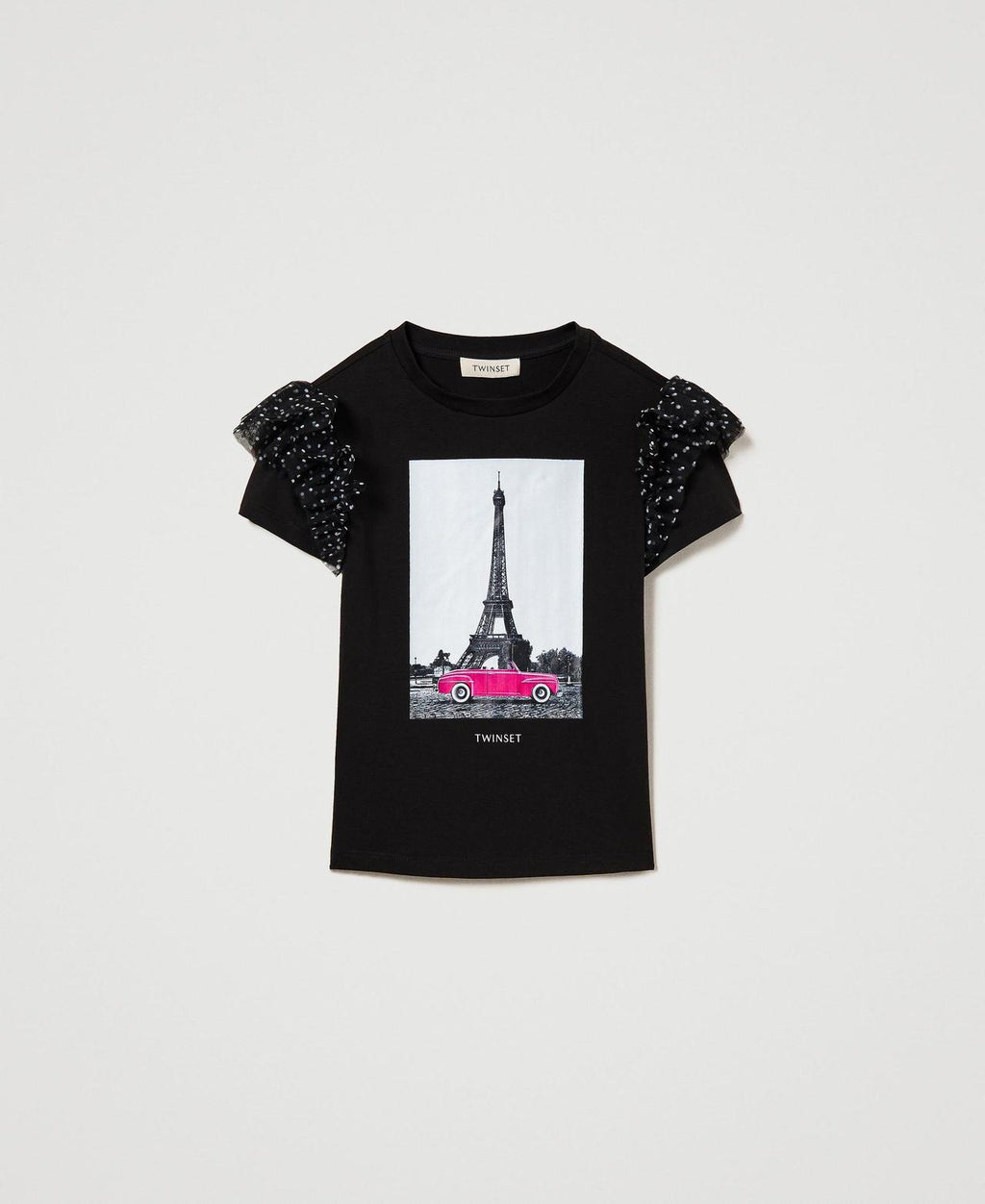 T-SHIRT CON ALETTE IN TULLE A POIS E STAMPA 