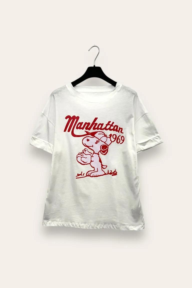T-shirt con stampa snoopy e scritta "Manhattan 1969" VB-10786/Bianco LOVEme