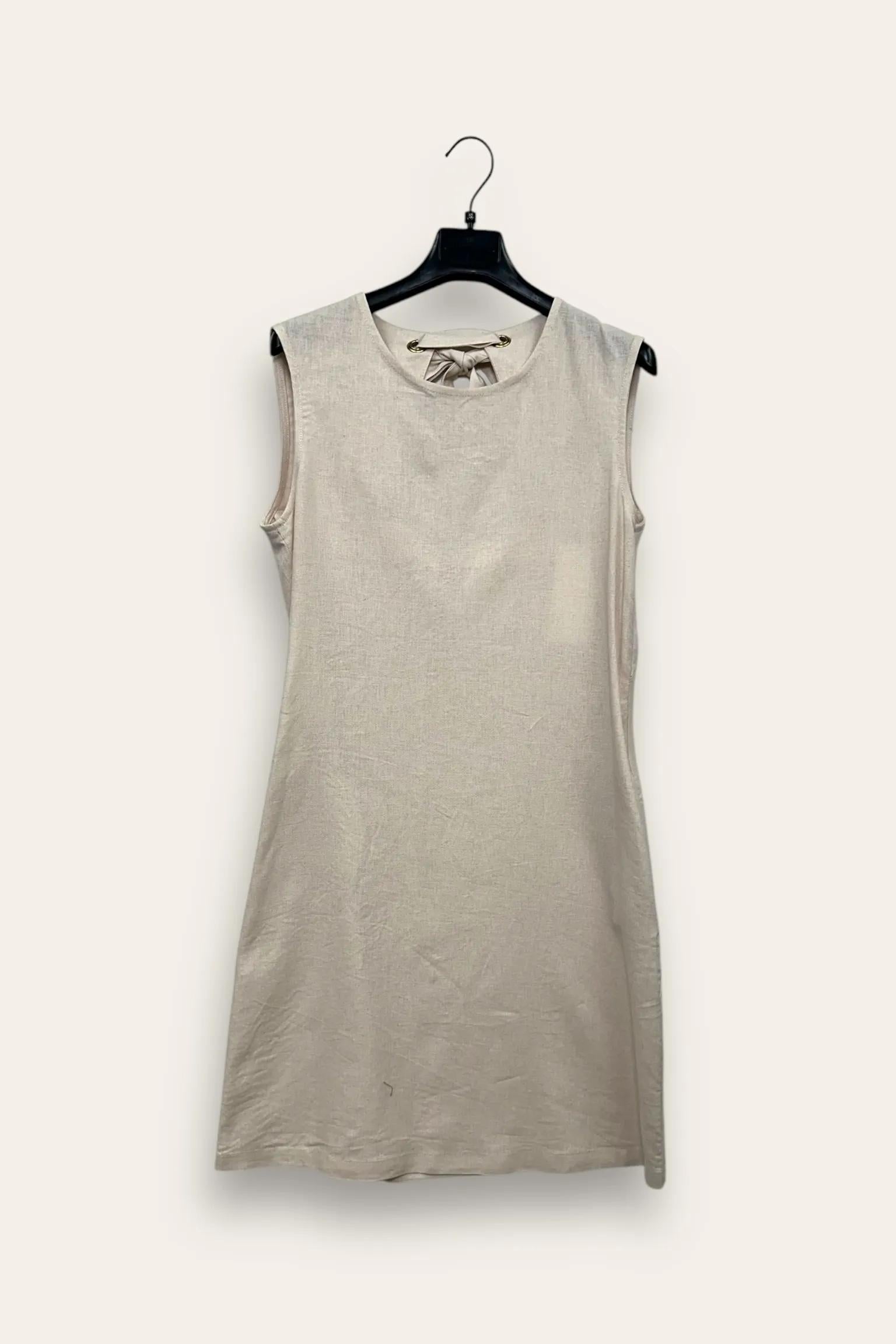 Abito tubino misto lino con fiocco dietro FA-12664/Beige LOVEme