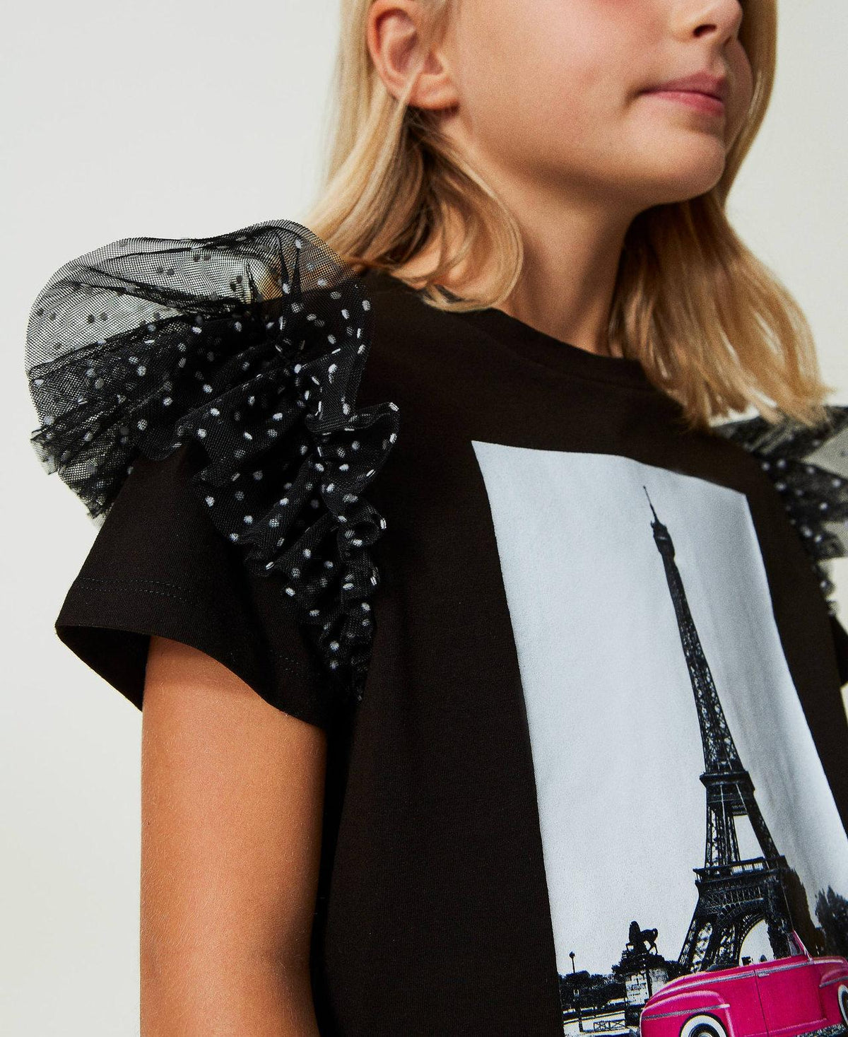 T-SHIRT CON ALETTE IN TULLE A POIS E STAMPA 