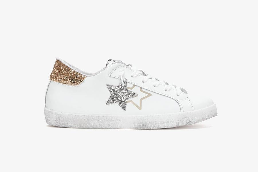 SNEAKERS LOW PELLE BIANCA GLITTER SILVER-ORO 