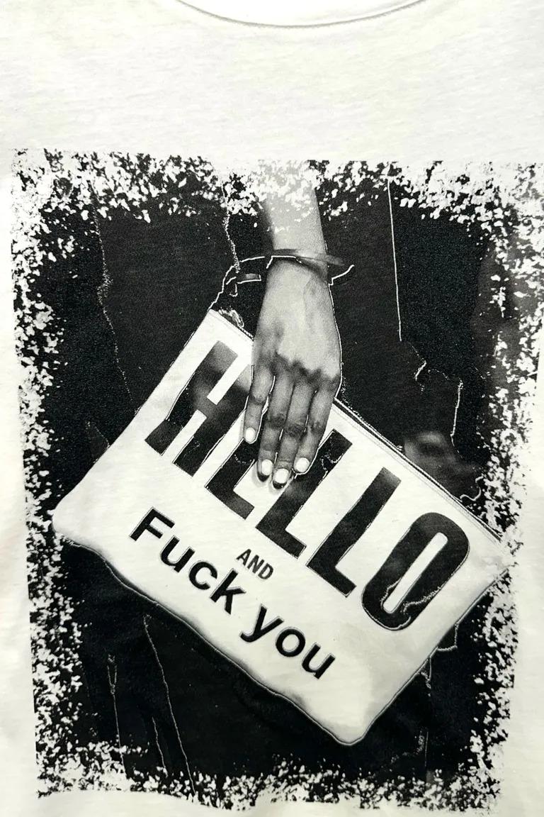 T-shirt con scritta " hello and fu** you" VB-10771/Bianco LOVEme