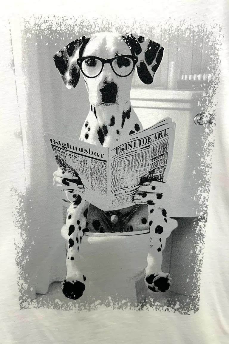 T-shirt con cane che guarda il giornale con brillantini VB-10774/Bianco LOVEme
