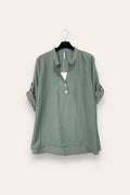 LOVEme Blusa scollo alla coreana con bottoni davanti, misto lino