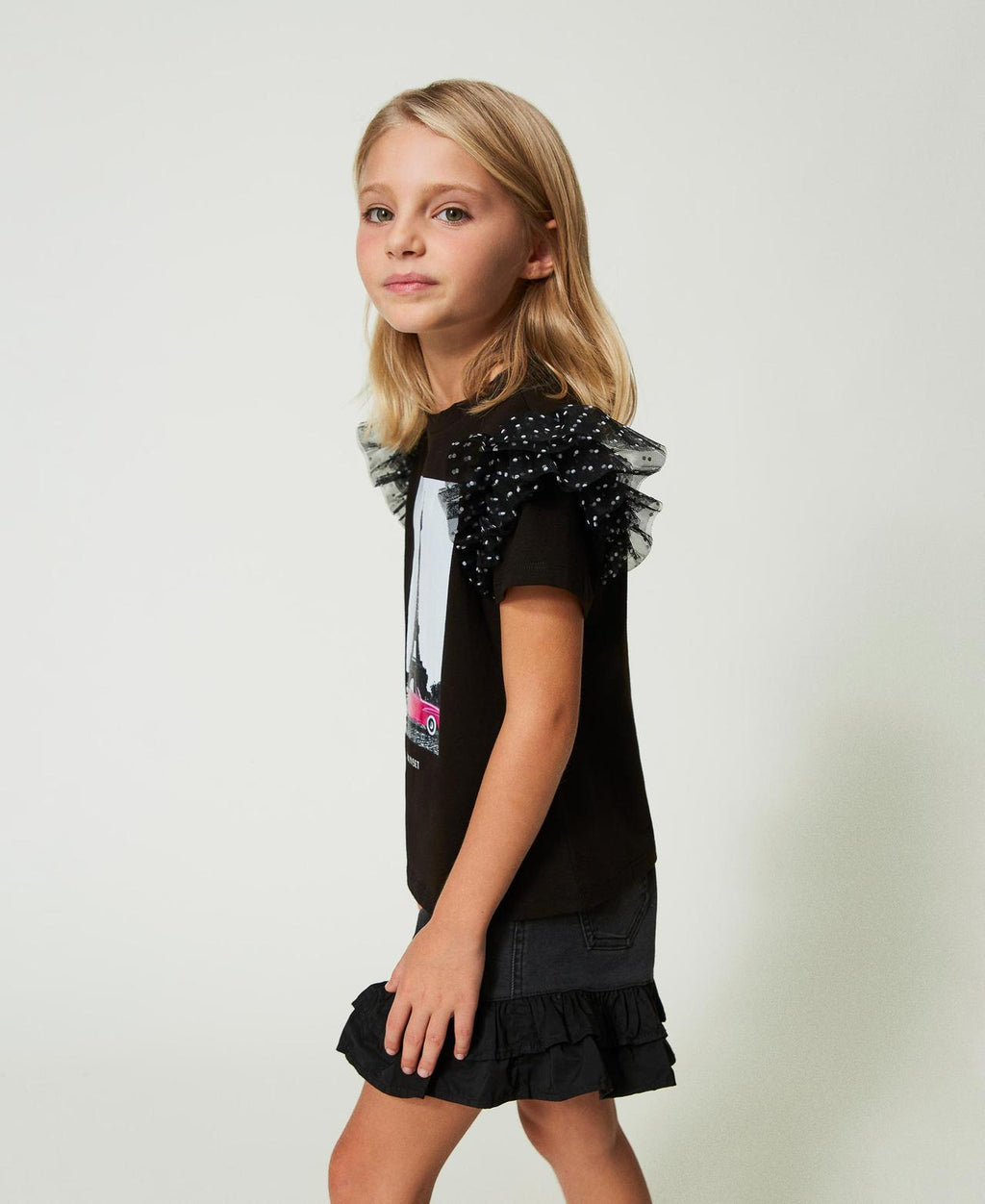 T-SHIRT CON ALETTE IN TULLE A POIS E STAMPA 