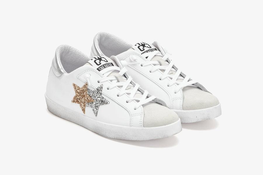 SNEAKERS LOW IN PELLE BIANCA DETT. ORO/ARGENTO 