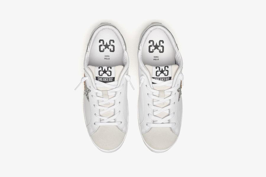 SNEAKERS LOW IN PELLE BIANCA DETT. ORO/ARGENTO 