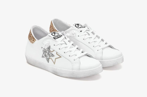 SNEAKERS LOW PELLE BIANCA GLITTER SILVER-ORO 