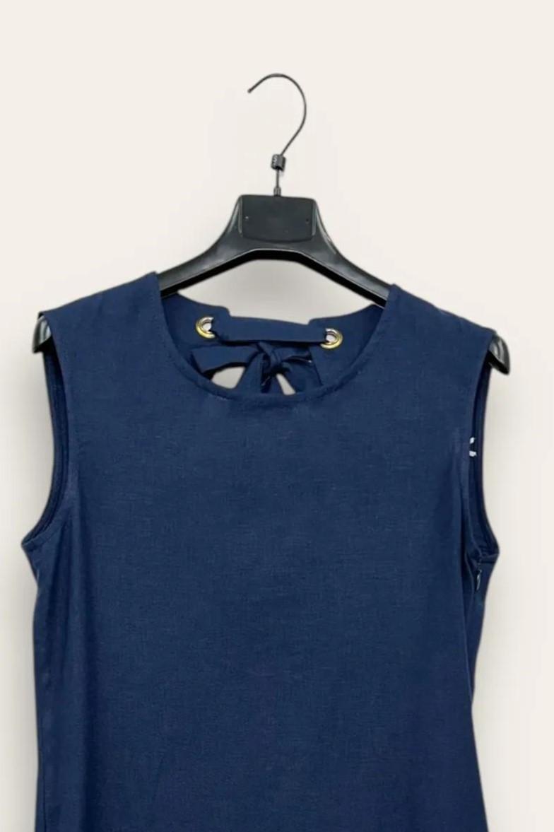 Abito tubino misto lino con fiocco dietro FA-12664/Blu LOVEme