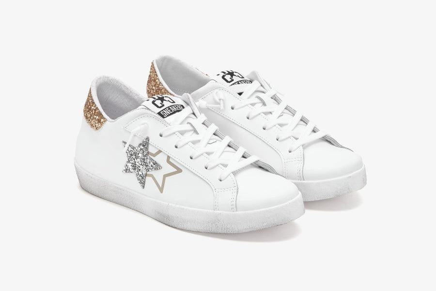 SNEAKERS LOW PELLE BIANCA GLITTER SILVER-ORO 