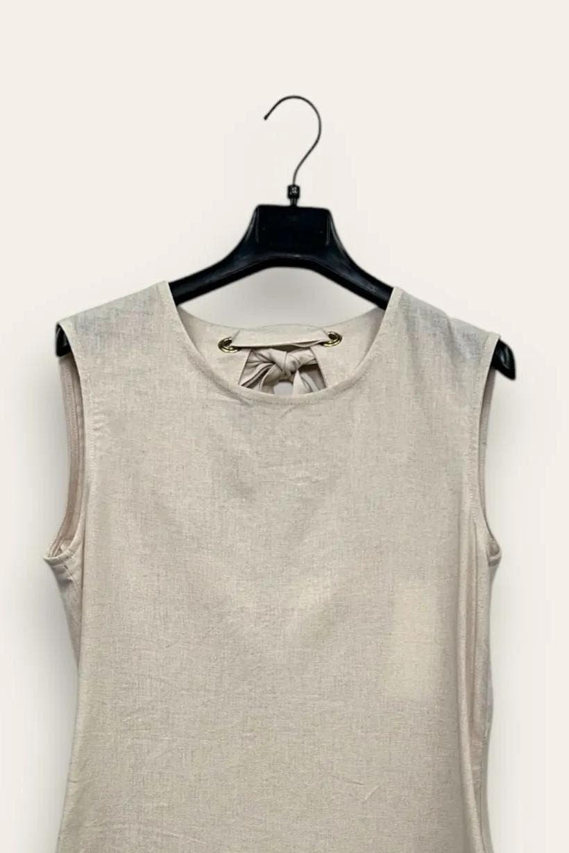 Abito tubino misto lino con fiocco dietro FA-12664/Beige LOVEme