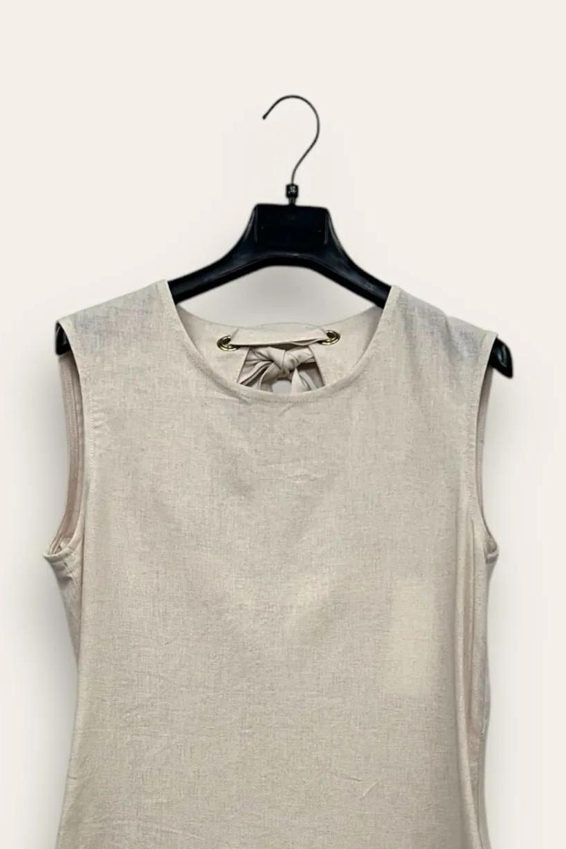 Abito tubino misto lino con fiocco dietro FA-12664/Beige LOVEme