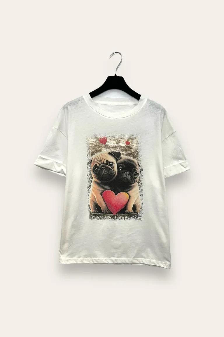 T-shirt con stampa bulldog e satinato lo sfondo VB-10781/Bianco LOVEme