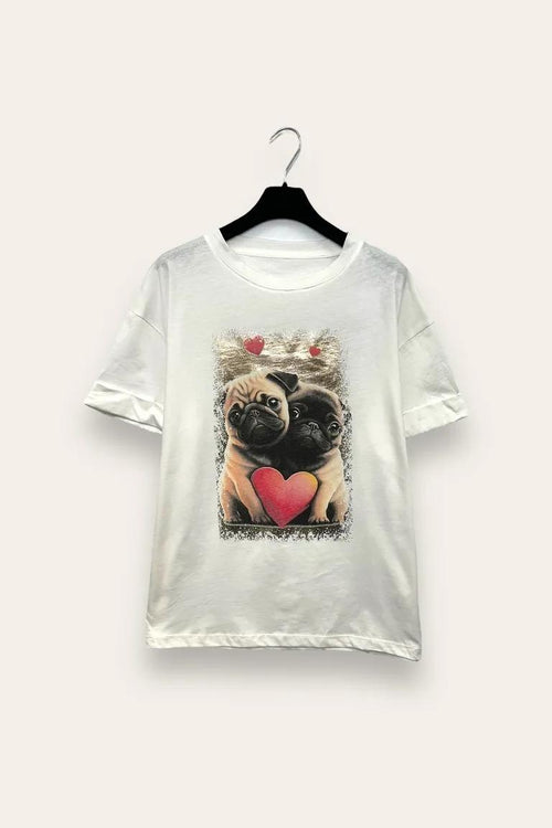 T-shirt con stampa bulldog e satinato lo sfondo VB-10781/Bianco LOVEme