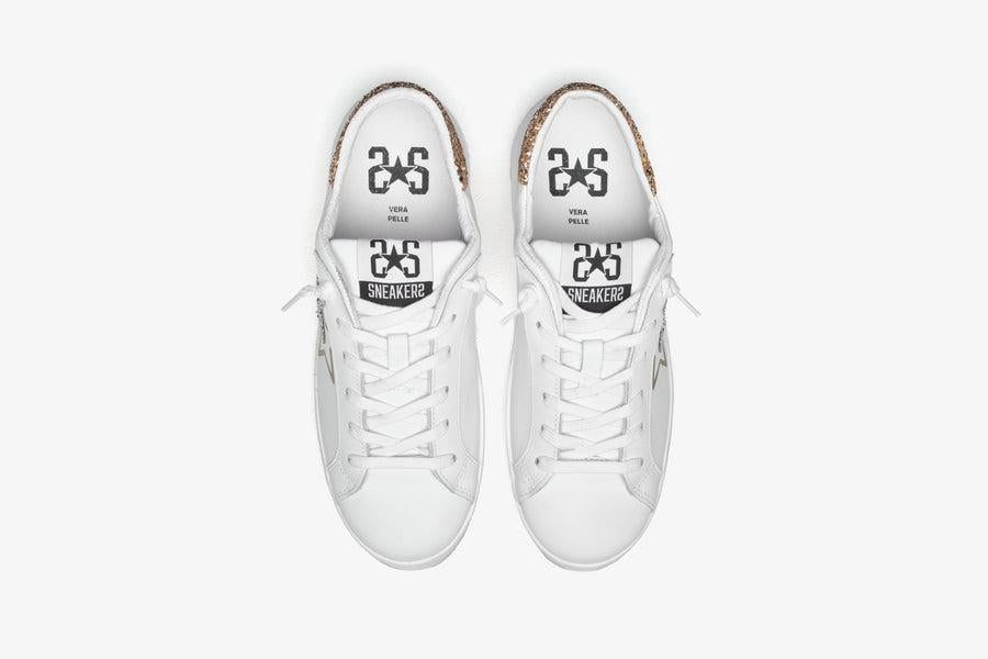 SNEAKERS LOW PELLE BIANCA GLITTER SILVER-ORO 