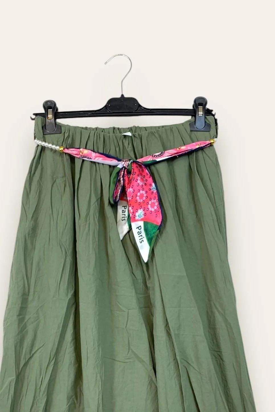Gonna effetto stropicciato in mussola di cotone VA-12565/Verde Militare LOVEme