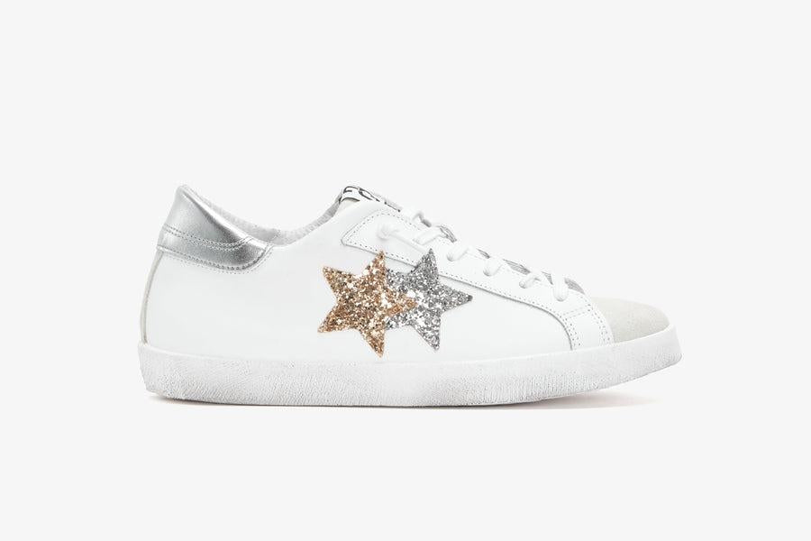 SNEAKERS LOW IN PELLE BIANCA DETT. ORO/ARGENTO 