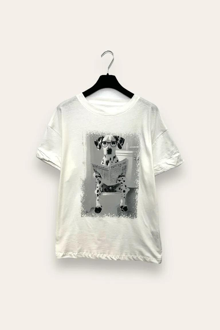 T-shirt con cane che guarda il giornale con brillantini VB-10774/Bianco LOVEme