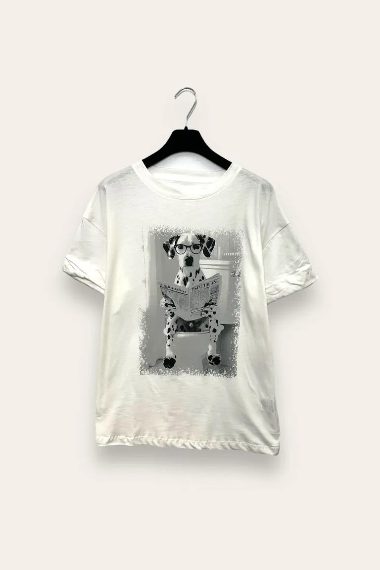 T-shirt con cane che guarda il giornale con brillantini VB-10774/Bianco LOVEme