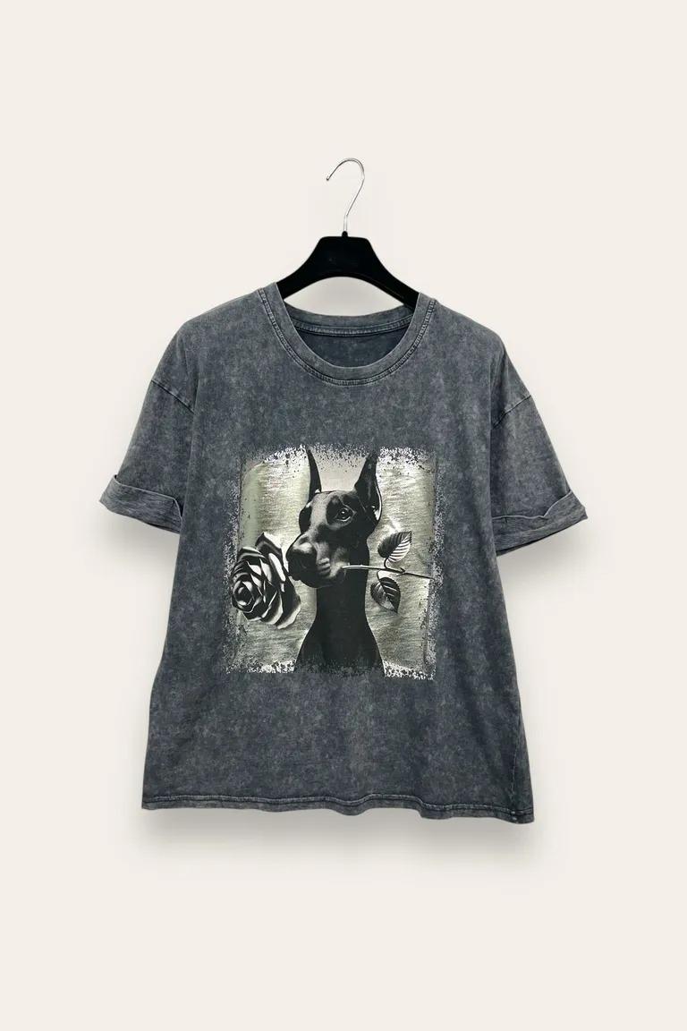 T-shirt stone wash con stampa cane e satinata VB-10764/Antracite LOVEme