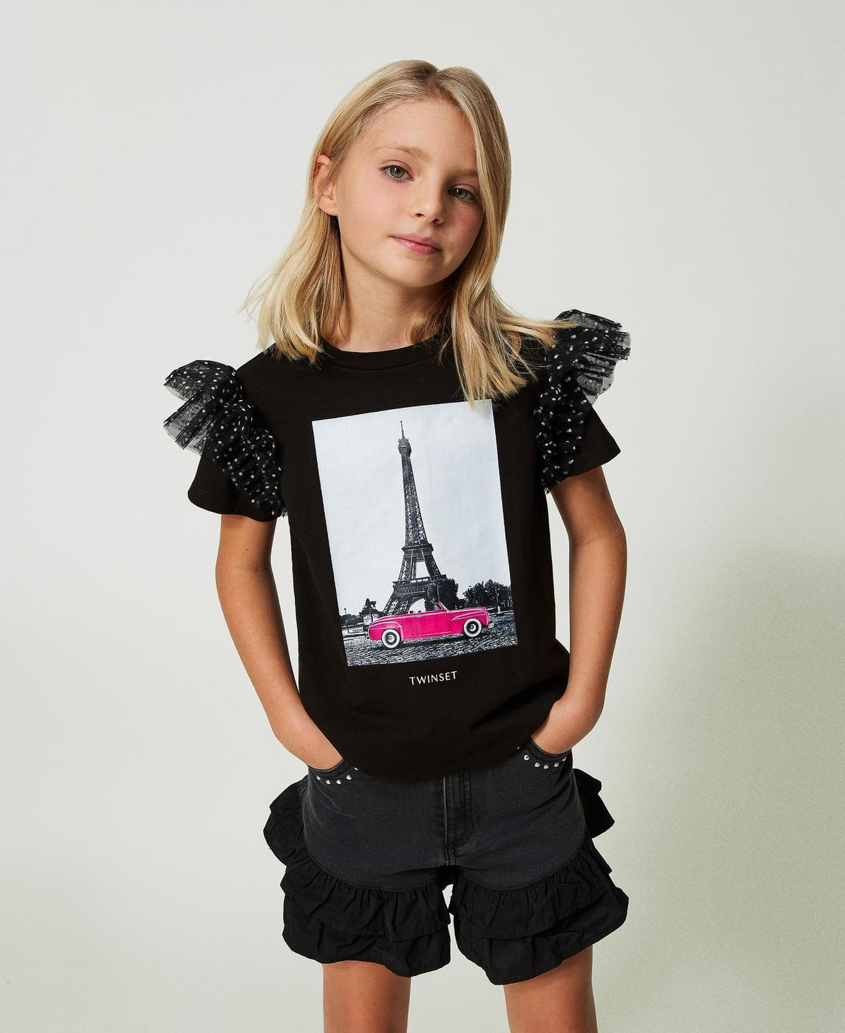 T-SHIRT CON ALETTE IN TULLE A POIS E STAMPA 